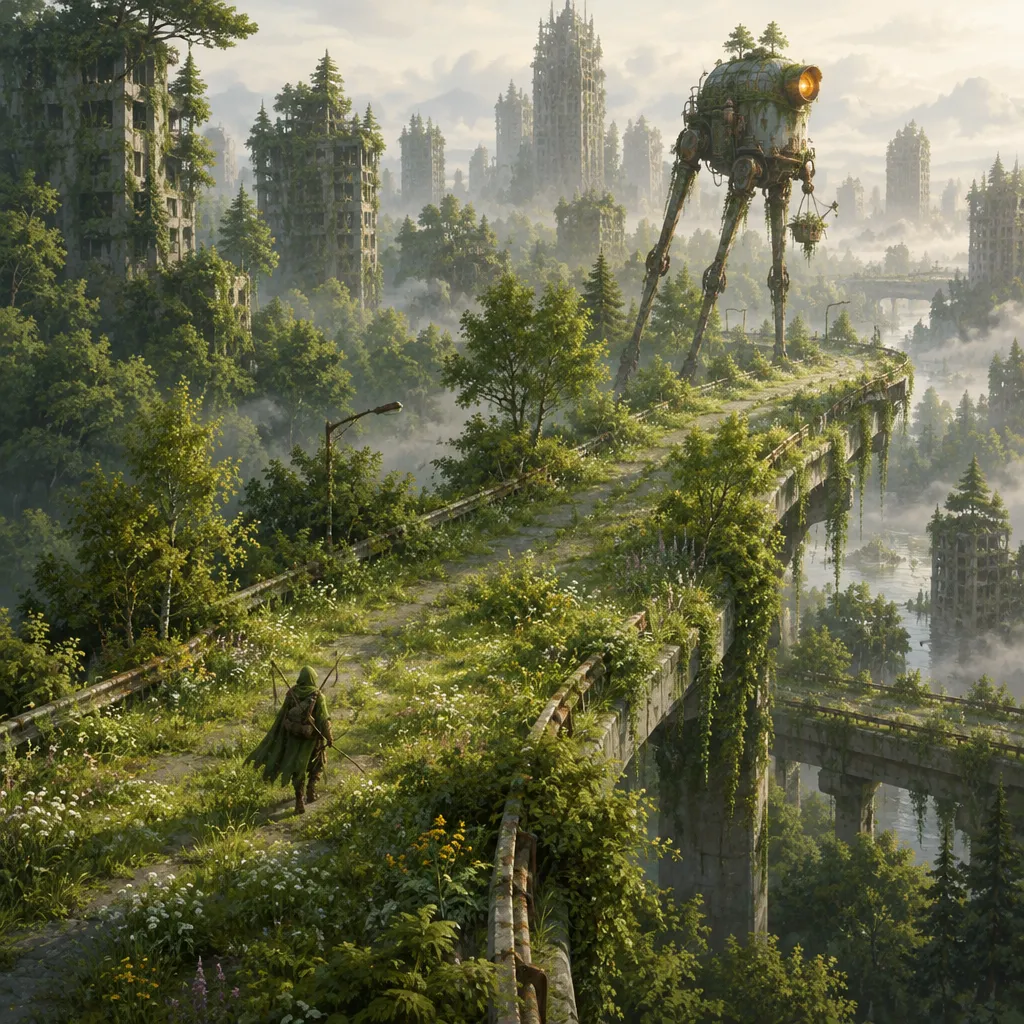 The Greenway, jalan layang yang ditumbuhi rumput dan pohon muda, membelah kota yang tertutup hutan. Satu Tender berkaki tiga melangkahi jalan di kejauhan.