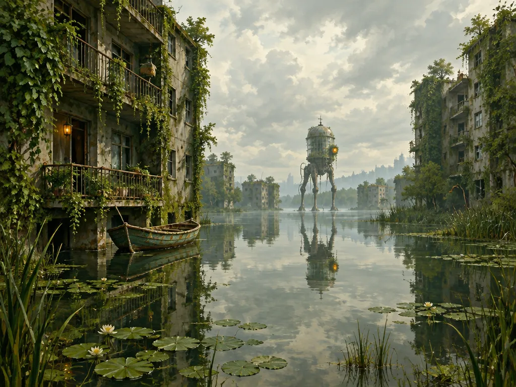 Gedung apartemen separuh tenggelam berselimut ivy di danau tenang, dengan satu Tender menara air berjalan di air dangkal.